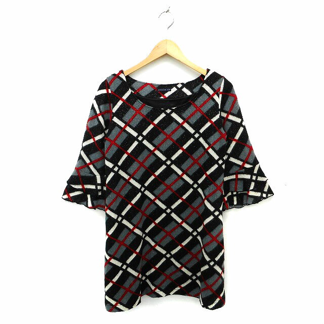 【中古】アトリエシックス ATELIER SIX チュニック ニット ティアードスリーブ チェック ラメ混 七分袖 グレー /NT1 レディース 【ベクトル 古着】 230914