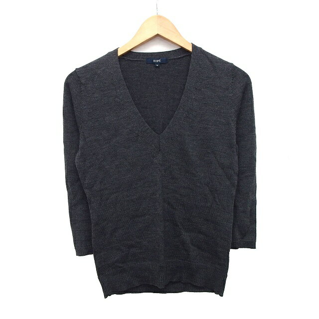 【中古】ロペ ROPE セーター ニット シンプル 切替リブ 七分袖 Vネック ウール 毛 M チャコール 灰 /HT5 レディース 【ベクトル 古着】 240108