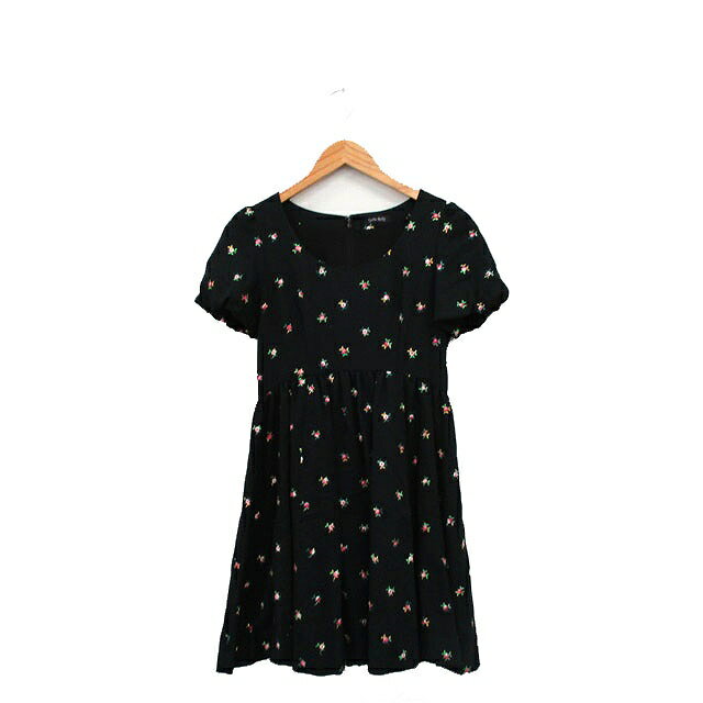 【中古】シンシアローリー CYNTHIA ROWLEY ワンピース 半袖 ギャザー ミニ 刺繍 花柄 ブラック 黒 /KT19 レディース 【ベクトル 古着】 240217