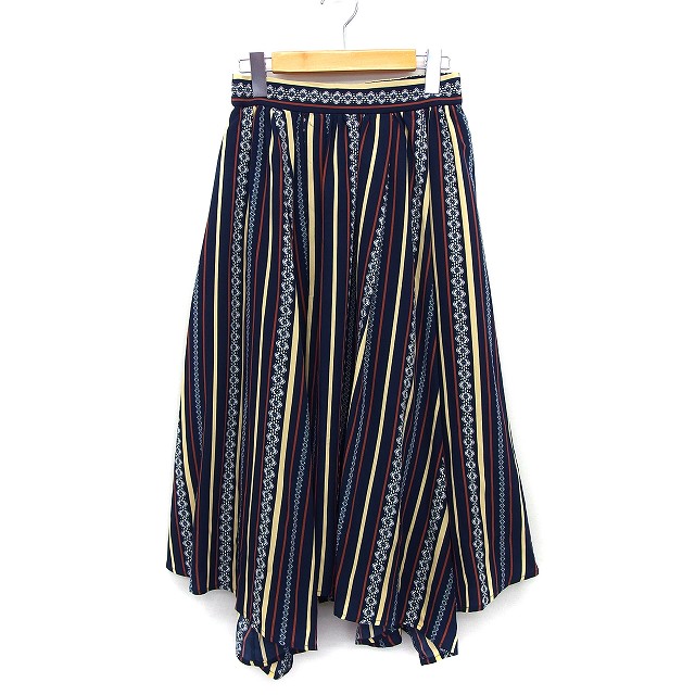 【中古】ロペピクニック ROPE Picnic 明治 ザチョコレート meiji THE Chocolate フレア スカート ロング ミモレ丈 ストライプ 総柄 イレギュラーヘム 38 ネイビー 紺 /HT26 レディース 【ベクトル 古着】 240229