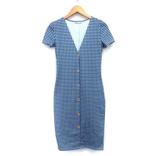 【中古】ザラ ZARA ワンピース タイト ロング ミモレ丈 ギンガムチェック 柄 飾りボタン 半袖 Vネック S ブルー 青 /HT4 レディース 【ベクトル 古着】 240307 【中古】ザラ ZARA ワンピース タイト ロング ミモレ丈 ギンガムチェック 柄 飾りボタン 半袖 Vネック S ブルー 青 /HT4 レディース 【ベクトル 古着】 240307