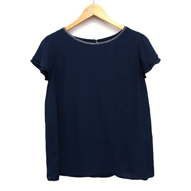 【中古】N.Natural Beauty Basic N.ナチュラルビューティーベーシック カットソー ブラウス シフォン 無地 ビーズ装飾 フリル袖 半袖 丸首 L ネイビー 紺 /HT24 レディース 【ベクトル 古着】 240306