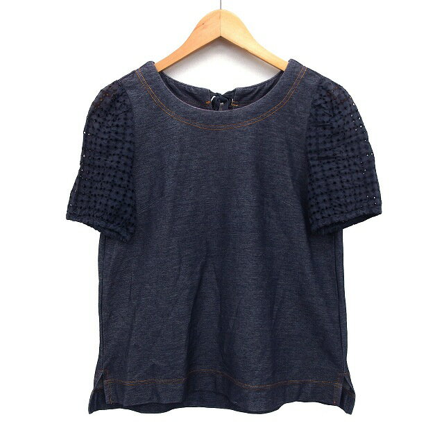 【中古】ストロベリーフィールズ STRAWBERRY-FIELDS カットソー Tシャツ 切替レース バックリボン ステッチ 半袖 丸首 綿混 チャコール 灰 /HT23 レディース 【ベクトル 古着】 240306