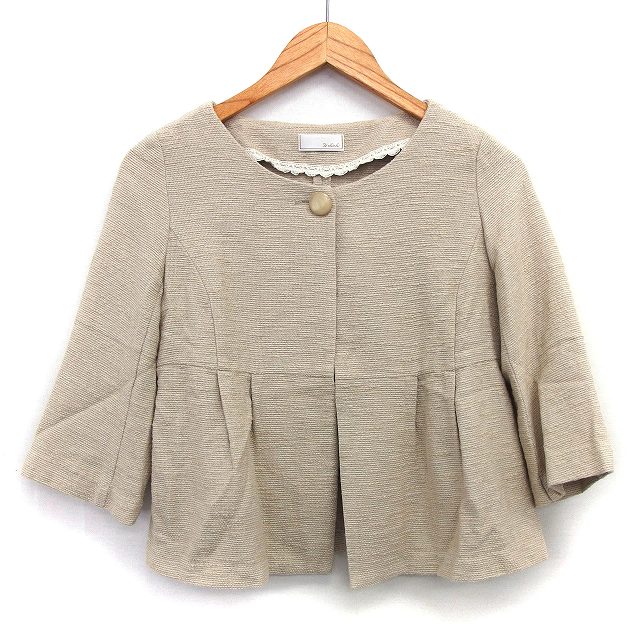 【中古】テチチ Te chichi ノーカラー ジャケット シンプル レース タック 七分袖 丸首 綿混 M ベージュ /HT25 レディース 【ベクトル 古着】 240510
