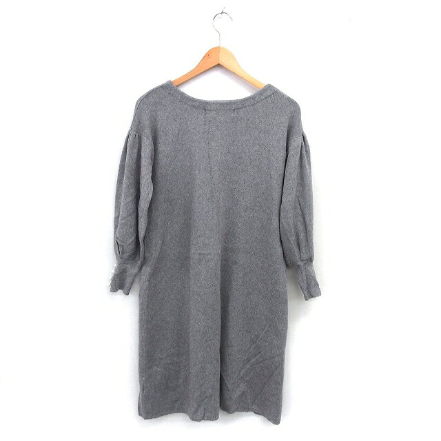 【中古】トッコ TOCCO ニット ワンピース フレア ひざ丈 リブ ボートネック ギャザー 長袖 M グレー /NT5 レディース 【ベクトル 古着】 240816