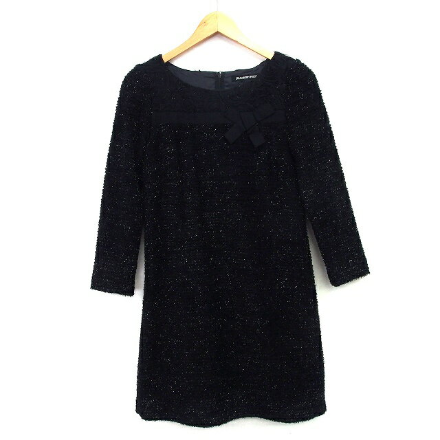 【中古】ストロベリーフィールズ STRAWBERRY-FIELDS ワンピース パーティードレス Aライン ミニ ラメ混 切替レース バラ柄 リボン 長袖 丸首 ブラック 黒 /HT12 レディース 【ベクトル 古着】 240823