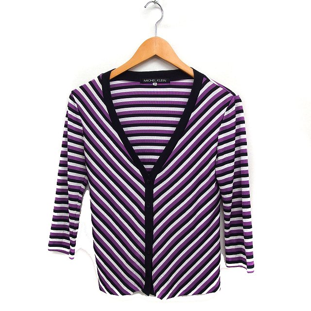 【中古】ミッシェルクラン MICHEL KLEIN ニット カーディガン ボーダー Vネック 七分袖 38 パープル 紫 /FT47 レディース 【ベクトル 古着】 240819