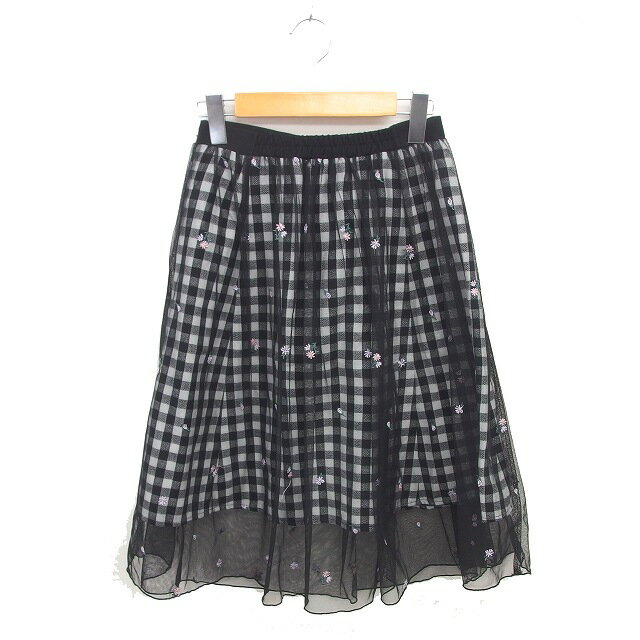 【中古】フェルゥ Feroux フレア スカート ひざ下丈 チェック 刺? チュール 薄手 1 ブラック ホワイト 黒 白 /TT レディース 【ベクトル 古着】 250220