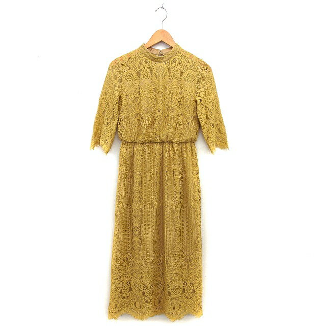 【中古】ストロベリーフィールズ STRAWBERRY-FIELDS レース ワンピース フレア ロング コットン混 マキシ丈 バックジップ 七分袖 黄 イエロー /NT20 レディース 【ベクトル 古着】 250312