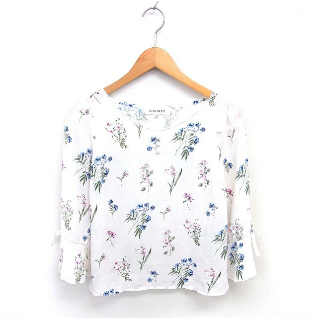 【中古】ミッシュマッシュ MISCH MASCH ブラウス カットソー 花柄 Vネック リボン 透け感 七分袖 38 アイボリー グリーン 緑 /TT レディース 【ベクトル 古着】 250313