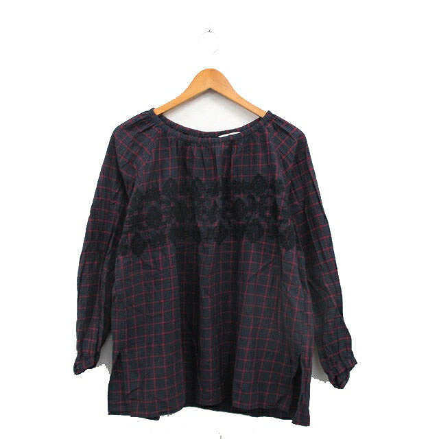 【中古】スタディオクリップ Studio Clip ブラウス シャツ プルオーバー 長袖 レース コットン チェック L ネイビー 紺 /KT5 レディース 【ベクトル 古着】 250315(4)