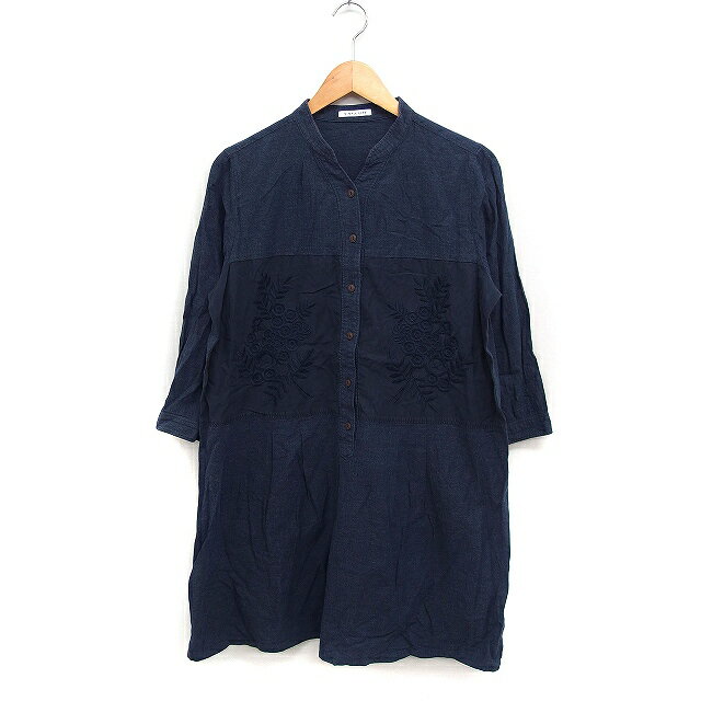 【中古】シンプルライフ SIMPLE LIFE シャツ ワンピース 7分袖 ひざ丈 切替 刺繍 コットン 綿 L ネイビー 紺 /FT43 レディース 【ベクトル 古着】 250319
