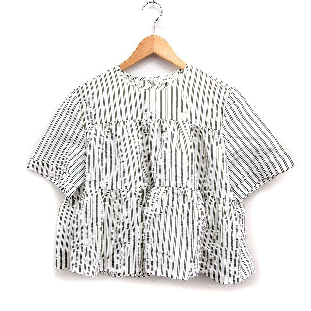 【中古】ゴスペル GHOSPELL ストライプ ティアード ブラウス 半袖 丸首 S オフホワイト 白 カーキ /FT2..