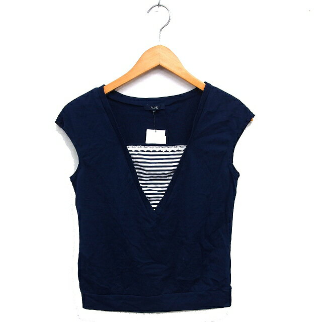 【中古】未使用品 ロペ ROPE タグ付き レース ボーダー フレンチスリーブ カットソー コットン 綿 クロップド 半袖 M 紺 ネイビー /NT23 レディース 【ベクトル 古着】 250328
