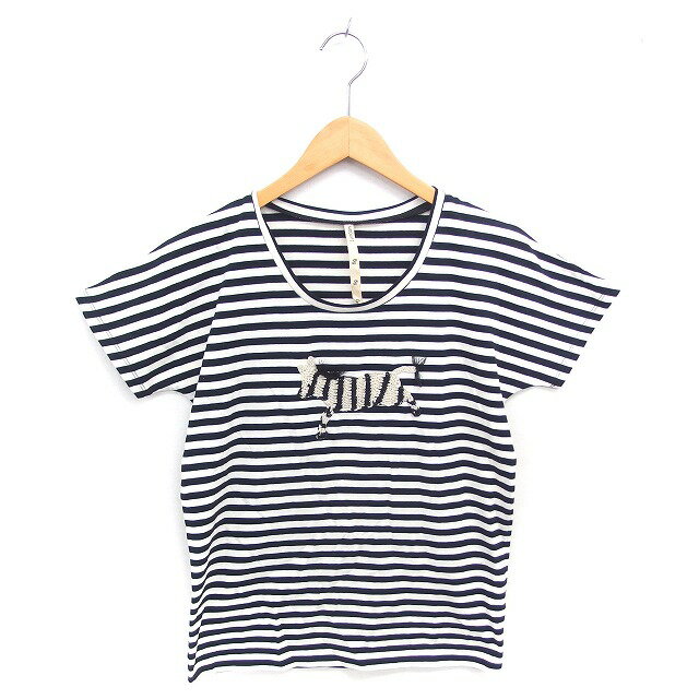 【中古】フィグロンドン fig London Tシャツ カットソー ボーダー シマウマ刺? 丸首 半袖 F アイボリー ブラック 黒 /TT レディース 【ベクトル 古着】 250403