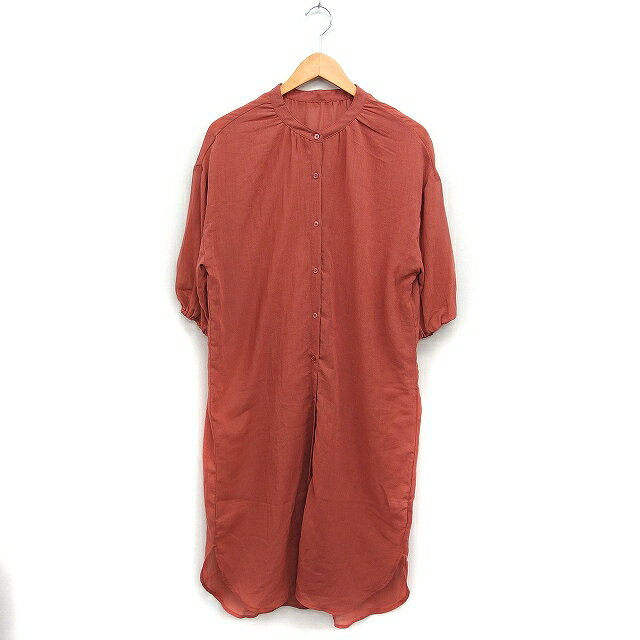 【中古】レイカズン Ray cassin シアー シャツワンピース ロング丈 5分袖 ストレートライン 無地 F テラコッタ /FT26 レディース 【ベクトル 古着】 250403