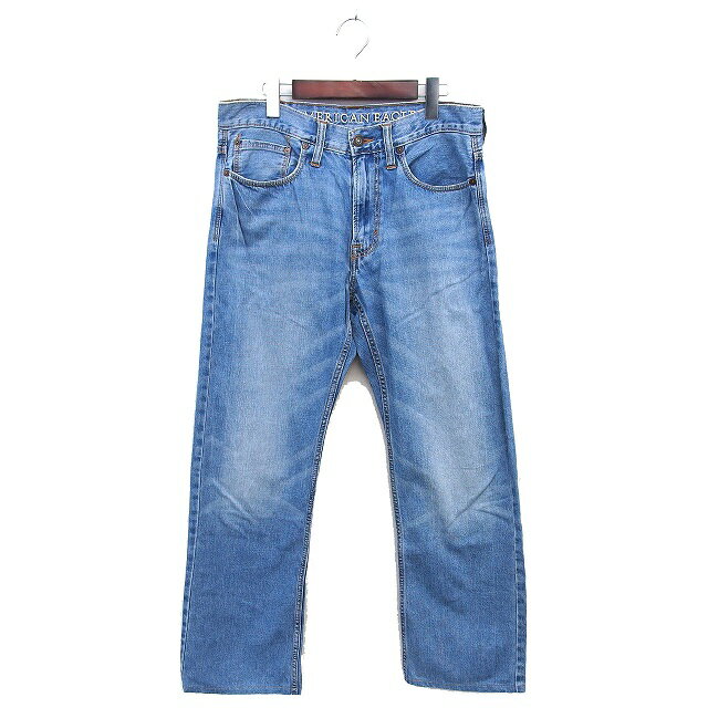 【中古】アメリカンイーグル AMERICAN EAGLE デニム ジーンズ ストレート ロゴ刺繍 コットン 綿 ジップフライ 31/32 青 ブルー /NT12 メンズ 【ベクトル 古着】 250410