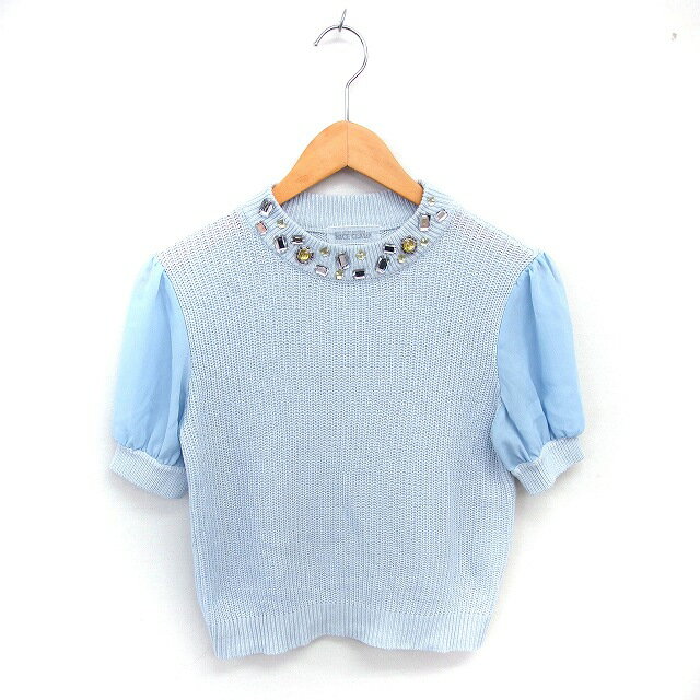 【中古】ナイスクラップ NICE CLAUP ニット セーター ビジュー 丸首 切り替え 薄手 半袖 F ライトブル..