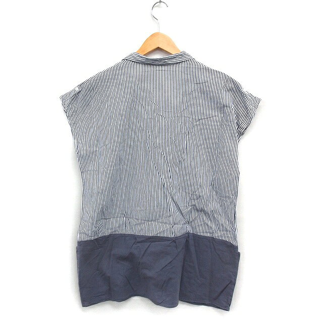 【中古】シューラルー SHOO・LA・RUE ストライプ チュニック フレンチスリーブ スキッパーカラー コットン 綿 L グレー 灰 /FT32 レディース 【ベクトル 古着】 250421