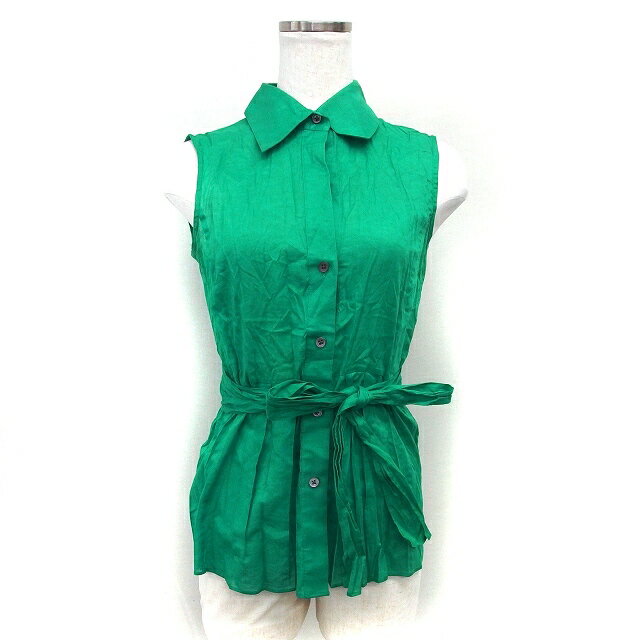 【中古】セオリー Theory ステンカラー ペプラム シャツ ブラウス タック リボン コットン 綿 ノースリーブ 2 緑 グリーン /NT16 レディース 【ベクトル 古着】 250528