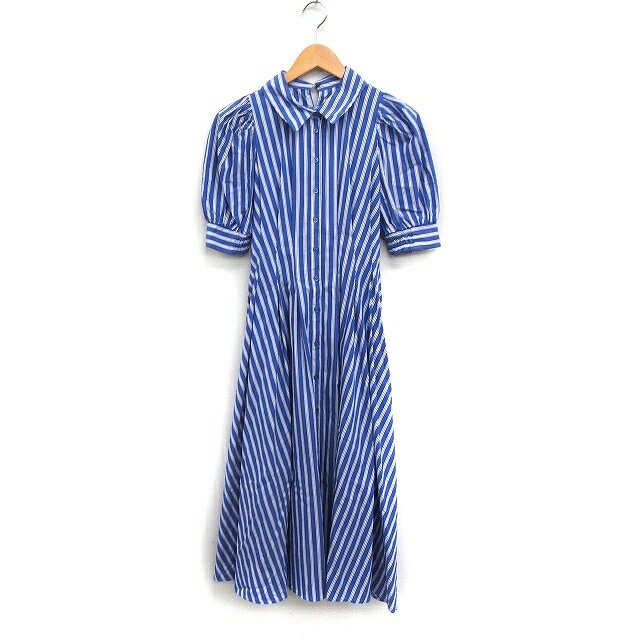 【中古】アンドクチュール And couture ストライプ柄 フレア ワンピース バルーンスリーブ ロング丈 レースアップ 綿 38 ブルー 青 /FT25 レディース 【ベクトル 古着】 250526