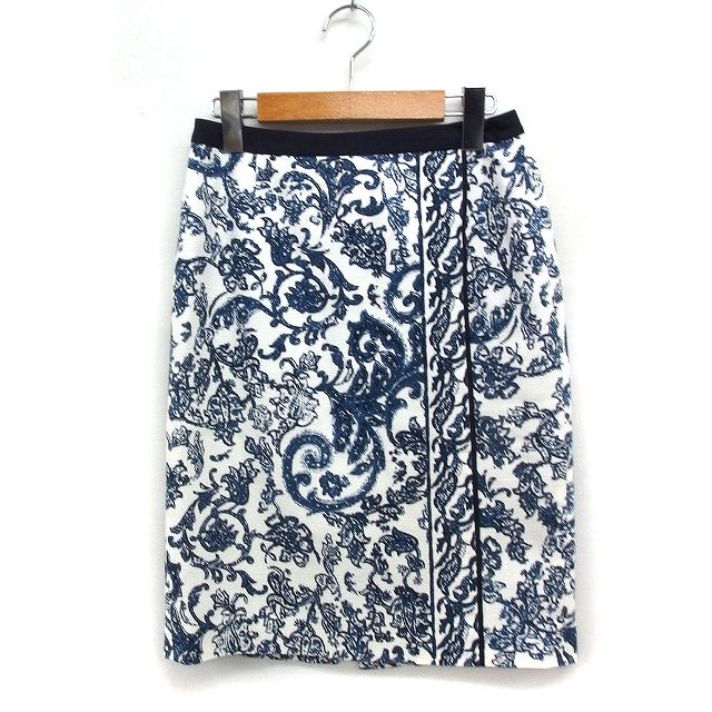 【中古】ボールジー BALLSEY トゥモローランド 柄 タイトスカート ひざ丈 スリット コットン 綿 34 ホワイト 白 ブルー 青 /FT31 レディース 【ベクトル 古着】 250529