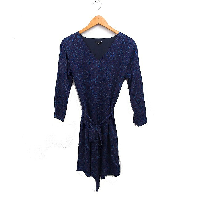 【中古】セオリー Theory シルク100％ 柄 ワンピース 長袖 ひざ丈 Vネック ストレートライン 2 ネイビー 紺 /FT17 レディース 【ベクトル 古着】 250627
