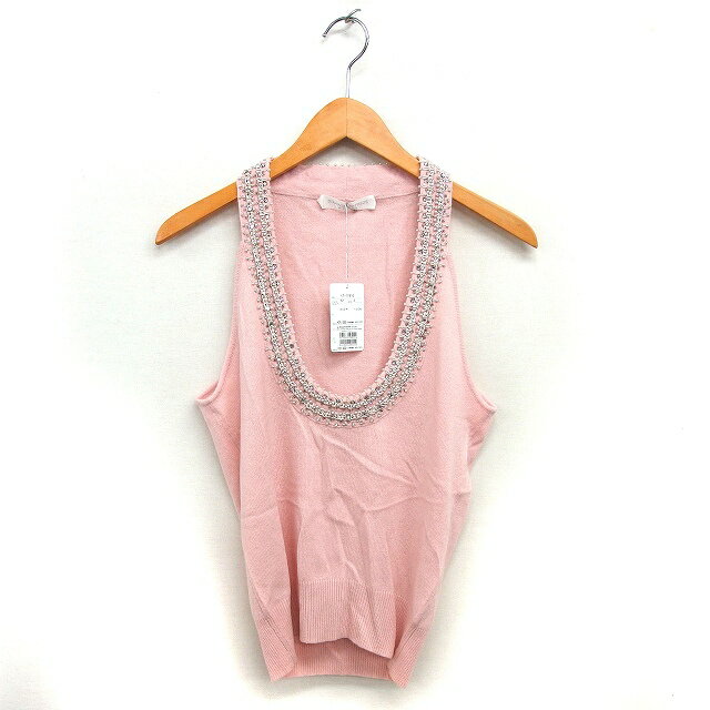 【中古】未使用品 ストロベリーフィールズ STRAWBERRY-FIELDS タグ付き カシミヤ ニット セーター ノースリーブ リブ ビーズ装飾 Uネック 2 ピンク /NT2 レディース 【ベクトル 古着】 250728