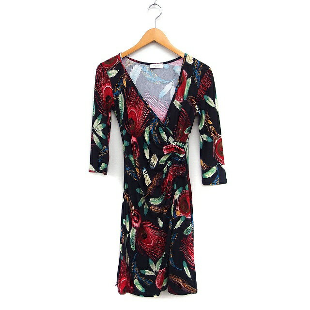 【中古】フィフィーユ fifilles カシュクール ワンピース ドレス 羽根プリント ドレープ 7分袖 ロング T1 ブラック 黒 /FT32 レディース 【ベクトル 古着】 251018