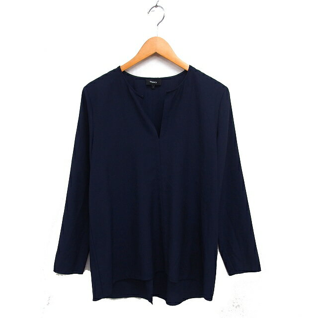 【中古】セオリー Theory スリットネック ブラウス バックロング 無地 長袖 L 紺 ネイビー /NT14 レデ..