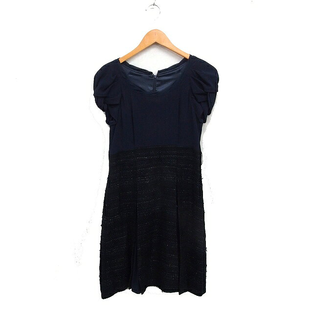 【中古】プチローブ PETIROBE 切替 フォーマル ワンピース ツイスト袖 ひざ丈 シフォン ツイード ネイビー 紺 /FT17 レディース 【ベクトル 古着】 251201