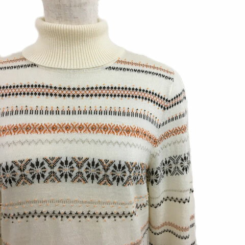 【中古】エンスウィート レナウン ensuite セーター ニット プルオーバー タートルネック ノルディック ラメ ビーズ 長袖 LARGE 白 茶 ホワイト ブラウン レディース 【ベクトル 古着】 240311