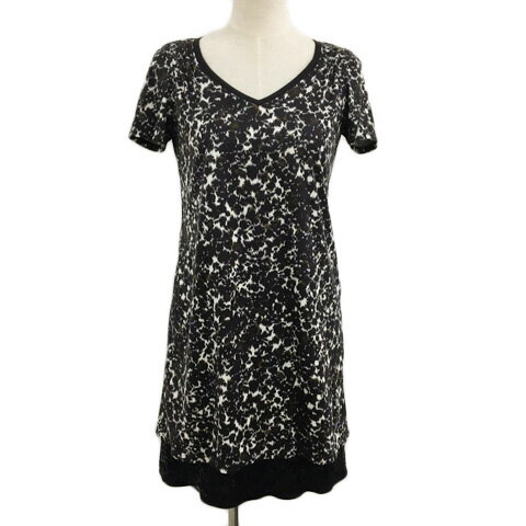 【中古】ケーティー キヨコ タカセ K.T KIYOKO TAKASE ワンピース チュニック ミニ 総柄 Vネック インナー付き スパンコール 半袖 9 黒 茶 ブラック ブラウン レディース 【ベクトル 古着】 240522