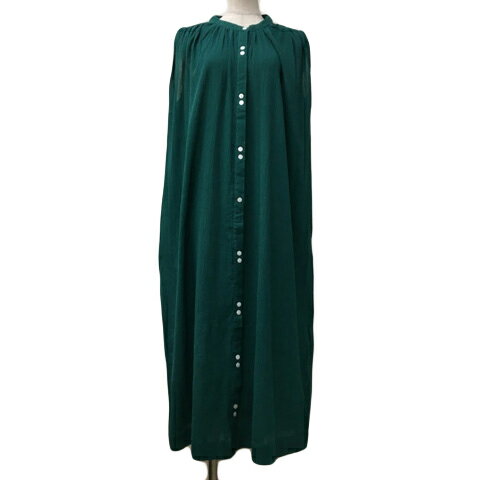 【中古】未使用品 アースミュージック&エコロジー EARTH MUSIC & ECOLOGY ワンピース シャツワンピース Iライン ロング バンドカラー 無地 ギャザー ノースリーブ F 緑 グリーン レディース 【ベクトル 古着】 240730