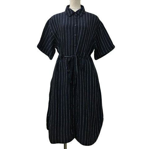 【中古】ユニクロ UNIQLO JW ANDERSON ワンピース シャツワンピース Iライン ロング ストライプ リネン混 リボン 刺繍 ロゴ 半袖 M 紺 白 ネイビー ホワイト レディース 【ベクトル 古着】 240903