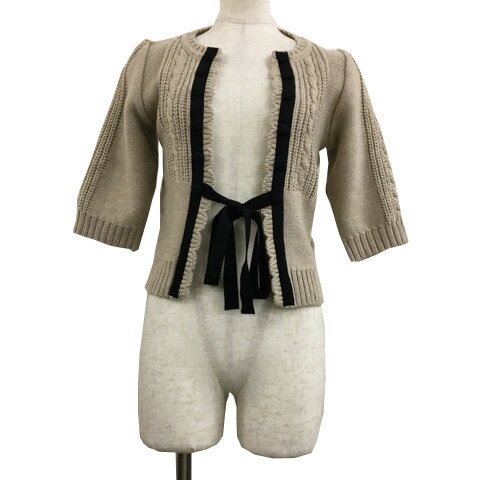 【中古】フローレント FLORENT カーディガン ニット ノーカラー 前開き リボン リブ ケーブル編み 五分袖 ベージュ 黒 ブラック レディース 【ベクトル 古着】 241126