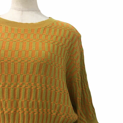 【中古】ジーナシス JEANASIS セットアップ セーター ニット プルオーバー ラウンドネック 七分袖 スカート フレア ひざ丈 ウエストゴム 総柄 F オレンジ 緑 グリーン レディース 【ベクトル 古着】 250312