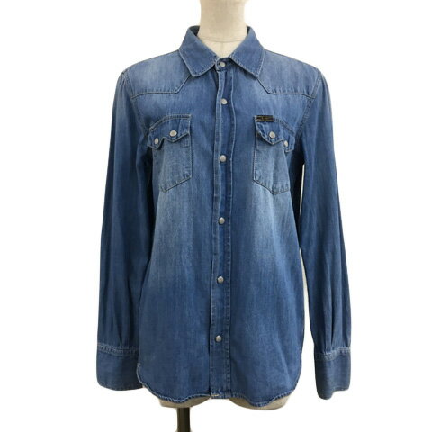 【中古】リー LEE シャツ ブラウス デニム ウエスタン ロゴ 無地 長袖 38 水色 ライトブルー レディース 【ベクトル 古着】 241122