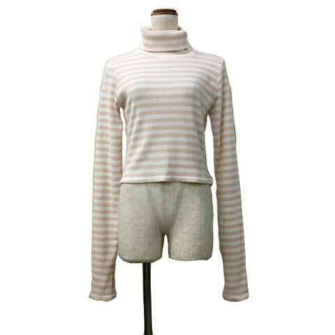 【中古】ワンアフター アナザー ナイスクラップ one after another NICE CLAUP カットソー ニット プルオーバー タートルネック リブ ボーダー 刺繍 ロゴ サムホール ショート クロップド 長袖 F ピンク 白 ホワイト レディース 【ベクトル 古着】 250107