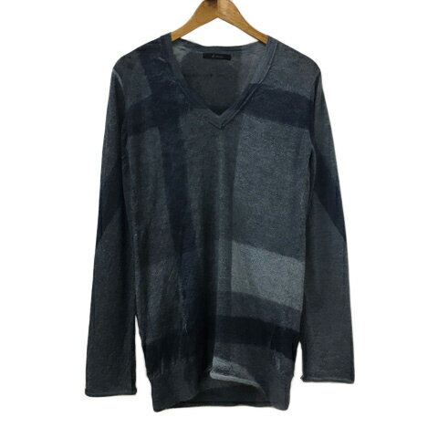 【中古】ジョンブル JOHNBULL セーター ニット プルオーバー Vネック モヘヤ混 チェック 長袖 S 紺 グレー ネイビー メンズ 【ベクトル 古着】 250203