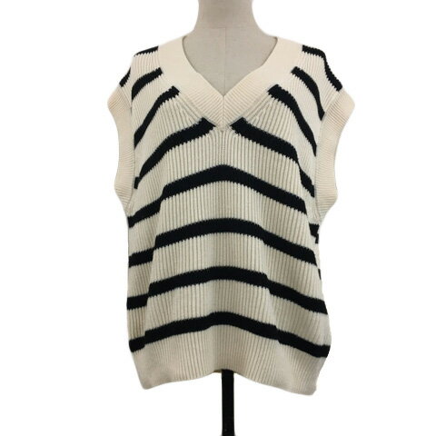 【中古】ザラ ZARA ベスト ニット ボーダー Vネック USA L 白 黒 ホワイト ブラック レディース 【ベクトル 古着】 250219