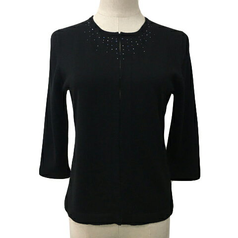 【中古】23区 オンワード樫山 カーディガン ニット ラウンドネック 無地 ウール ビジュー 七分袖 38 黒 ブラック レディース 【ベクトル 古着】 250324