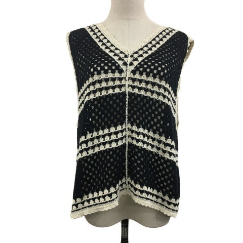【中古】ピュアルセシン pual ce cin ベスト ニット プルオーバー Vネック 総柄 2WAY 透かし編み ノースリーブ F 黒 白 ブラック ホワイト レディース 【ベクトル 古着】 250331