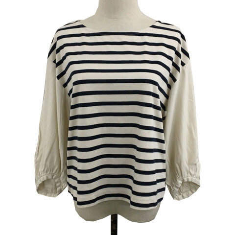 【中古】スタディオクリップ Studio Clip カットソー ボートネック プルオーバー ボーダー リネン混 切替 パフスリーブ 七分袖 M ベージュ 黒 ブラック レディース 【ベクトル 古着】 250715(4)