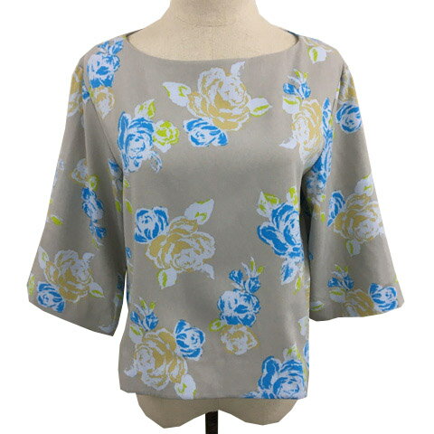 【中古】ビス ViS ブラウス カットソー プルオーバー ボートネック 花柄 総柄 七分袖 M グレー 水色 ライトブルー レディース 【ベクトル 古着】 250801