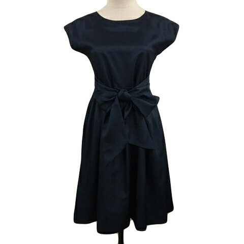 【中古】グリーンレーベルリラクシング ユナイテッドアローズ green label relaxing ワンピース フレア 膝丈 リボン タック 無地 フレンチスリーブ 紺 ネイビー レディース 【ベクトル 古着】 250724(4)