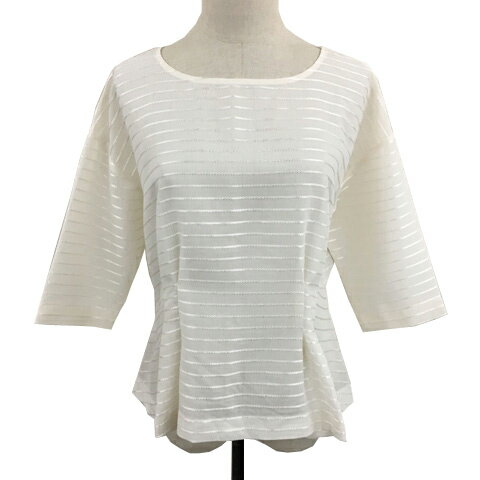 【中古】テチチ Te chichi ブラウス カットソー プルオーバー ラウンドネック ボーダー シアー 透け感 タック 七分袖 M ベージュ 白 ホワイト レディース 【ベクトル 古着】 250821