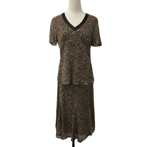 【中古】ローラアシュレイ LAURA ASHLEY セットアップ ブラウス プルオーバー 半袖 スカート フレア ロング 総柄 シルク 11 茶 ピンク ブラウン レディース 【ベクトル 古着】 250924