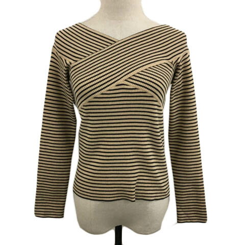 Other - 【中古】マウジー MOUSSY カットソー ニット プルオーバー Vネック オフショルダー リブ ボーダー 長袖 F ベージュ 黒 ブラック レディース 【ベクトル 古着】 260127