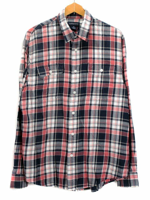 【中古】ランズエンド LANDS' END シャツ チェック 長袖 コットン M ピンク 紺 ネイビー メンズ 【ベクトル 古着】 220320